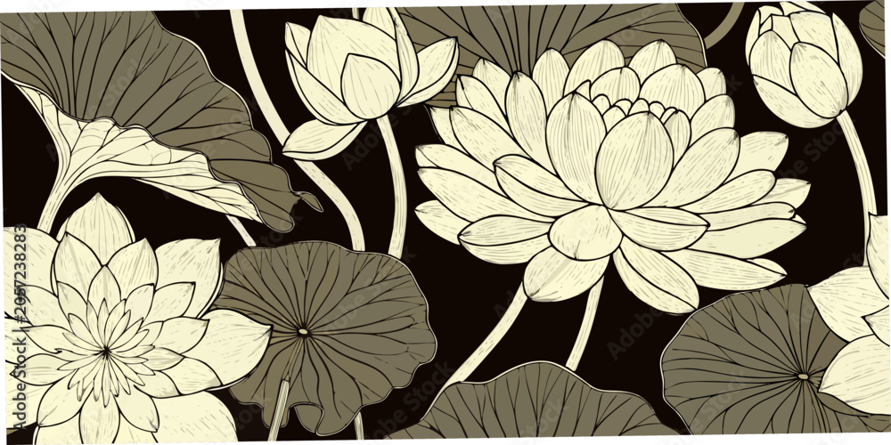 Fototapeta premium Lotus Flowers And Leaves Vintage style Botanical Illustration