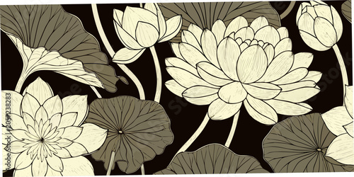 Lotus Flowers And Leaves Vintage style Botanical Illustration