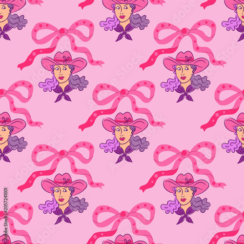 Western cartoon pattern with cowgirl character Cowboy western and Wild West theme. Hand drawn  seamless pattern  decor illustration	

