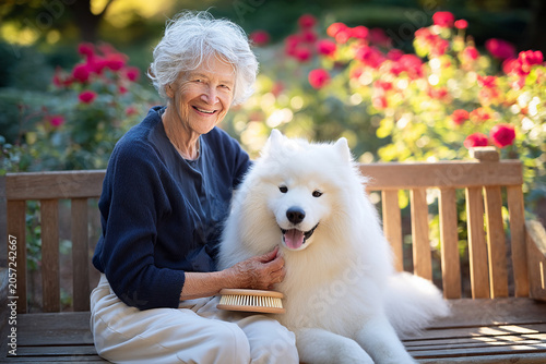 Senior Woman Sitting with a Samoyed in a Blooming Garden