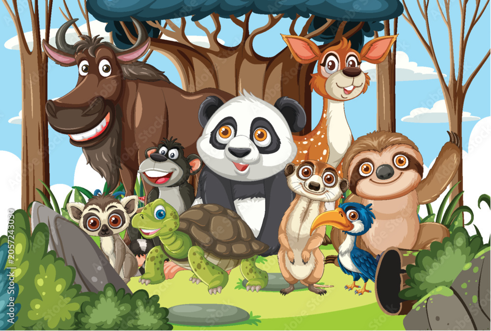 Obraz premium Group of Cartoon Jungle Animals in Forest Setting