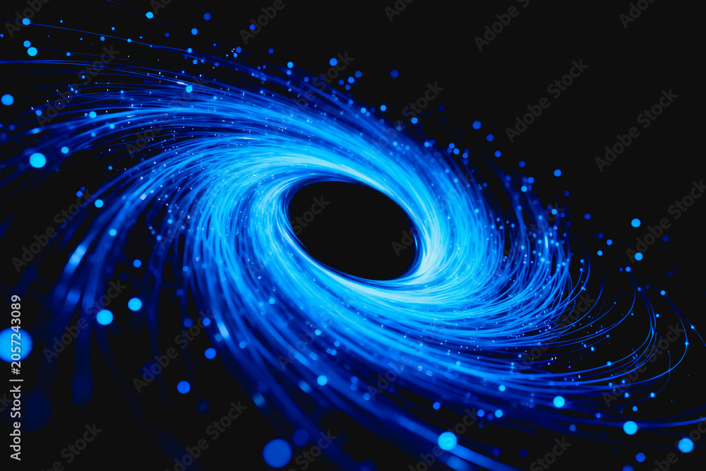Obraz premium A digital visualization of a black hole surrounded by swirling blue luminous particles and streams in dark space.