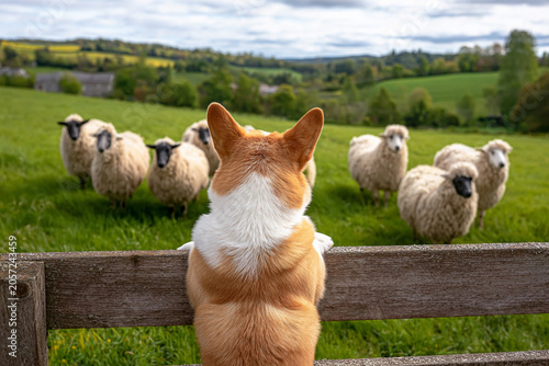 Pembroke Welsh Corgi Watching Sheep Across a Countryside Fence