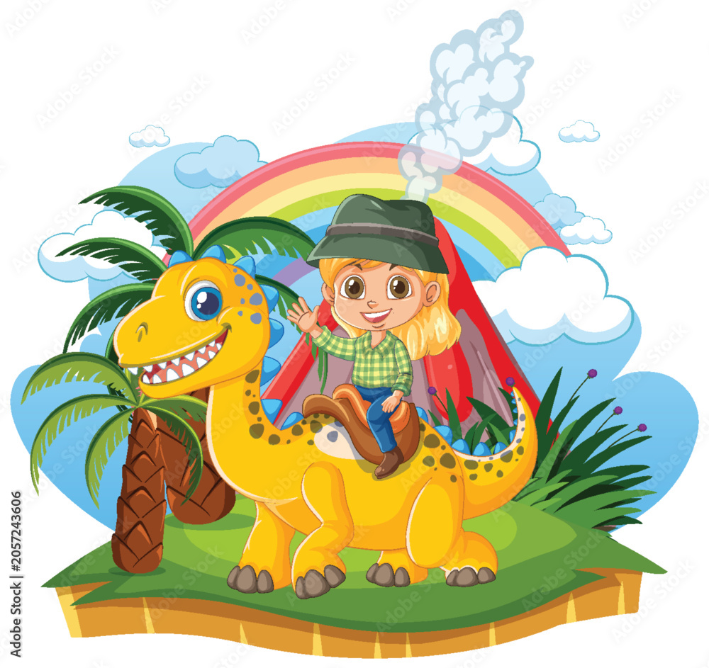 Obraz premium Cartoon Girl Riding Yellow Dinosaur in Prehistoric Landscape with Volcano