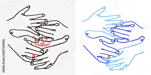 Canvas Print Continuous line art of wedding couple hands stacked with red Love thread