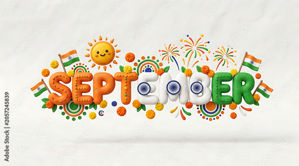Fototapeta premium Festive September Celebration with vibrant fireworks and cheerful Indian national flags emphasizing India's Independence Day