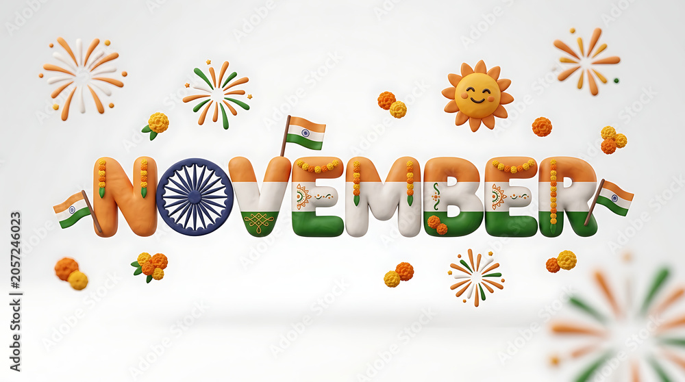 Fototapeta premium Creative festive representation of November with colorful decorative elements and cheerful symbols emphasizing the celebration