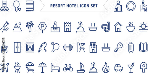 фотографія Resort hotel line icon set containing vacation amenities travel hospitality serv