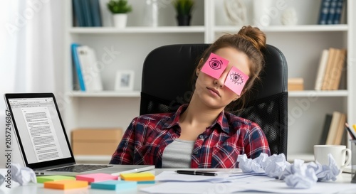 Exhausted Young Woman Sleeping at Office Desk with Fake Eyes on Sticky Notes - Concept of Burnout and Overwork