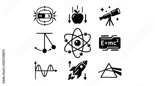 Science icons depict various concepts including atoms, rockets, and telescopes on a white background with black illustrations.