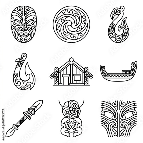 Εκτύπωση καμβά Collection of Maori cultural symbols and art elements.