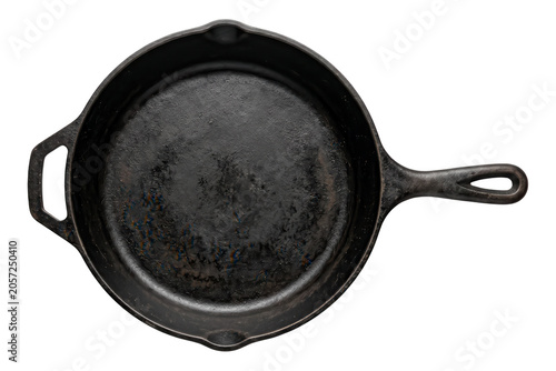 Empty cast iron skillet with handle isolated on transparent background