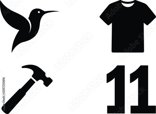 Minimalist black silhouette icon set featuring hummingbird, t-shirt, hammer tool, and number eleven for graphic design