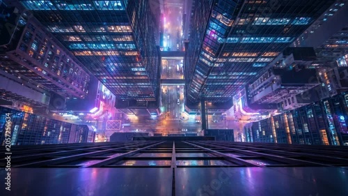 暗闇のビル群の谷間に光が灯りサイバーパンクな夜景に変化する俯瞰ループ背景
