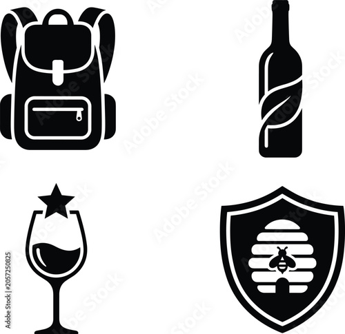 Minimalist black silhouette icon set featuring travel backpack, leaf-labeled bottle, starred wine glass, and bee shield emblem for eco-adventure branding