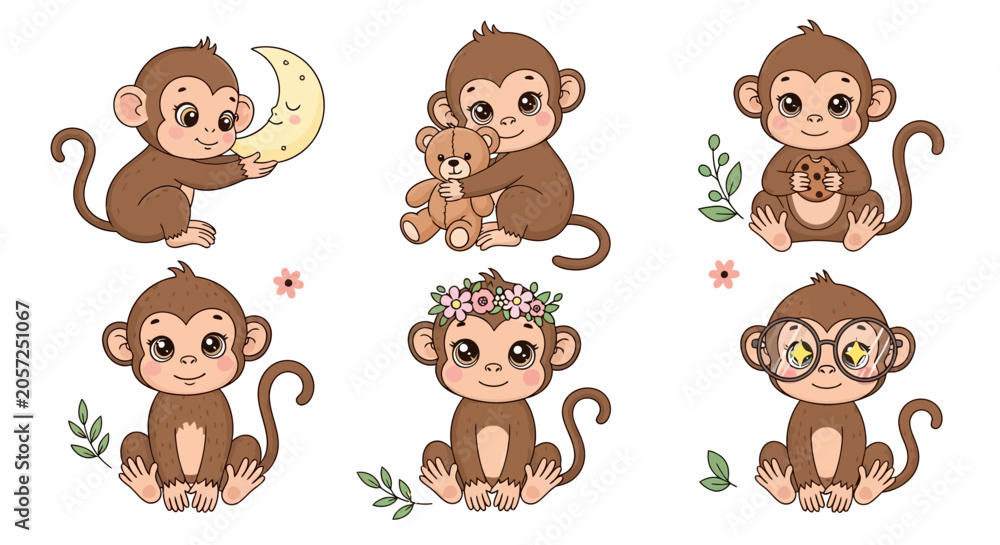 Fototapeta premium Cute Cartoon Monkey Set with Accessories, Adorable Vector Characters