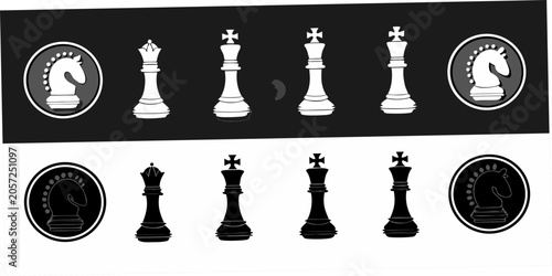 Foto Chess Pieces In Black And White Vector Illustration With Circular Frames