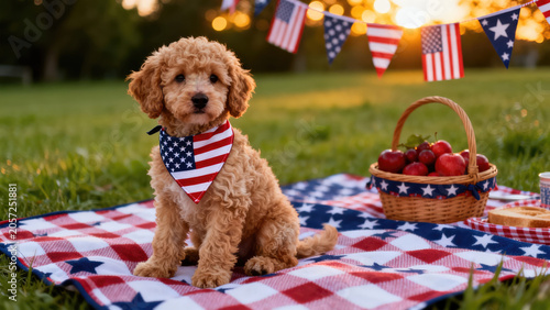 Adorable mini golden doodle puppy with a starred kerchief of American flag in the Independence Day background. dog safety image. 4th of July.