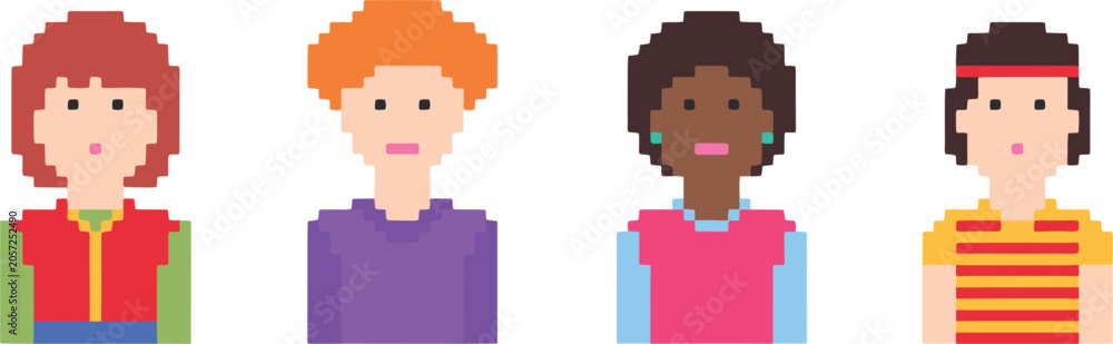 Fototapeta premium Pixel art avatar characters collection diverse people vector illustration retro game set