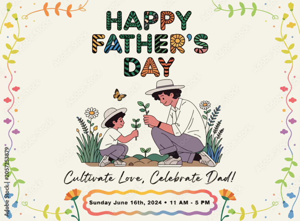 Fototapeta premium Happy fathers day with man and child planting flowers together outdoors