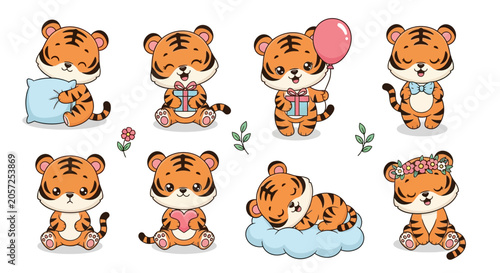 Cute Cartoon Tiger Set with Gifts and Flowers, Happy Animal Collection