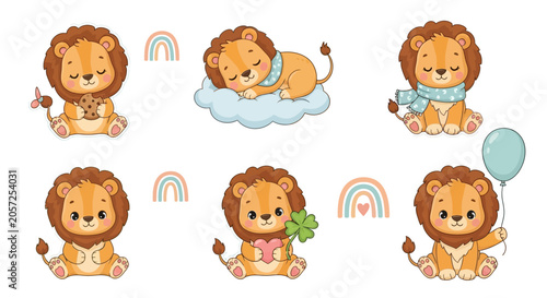 Cute Cartoon Lion Set with Rainbows, Hearts, and Balloons