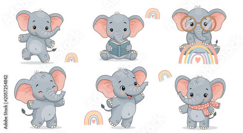 Cute baby elephant collection with rainbows, whimsical animal set