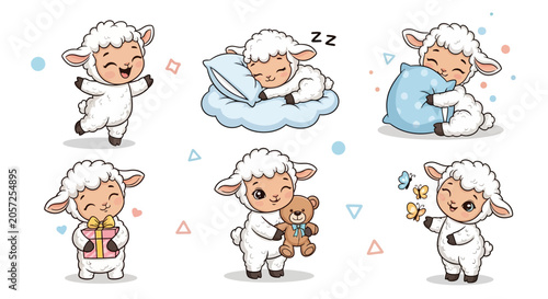 Cute cartoon lamb set with various activities and emotions