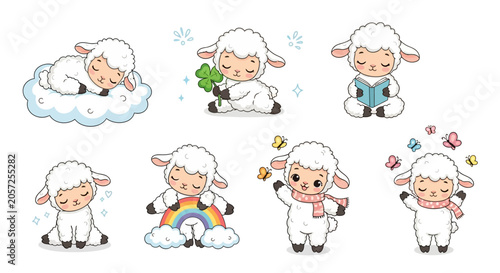Cute cartoon lamb set with various activities and happy expressions