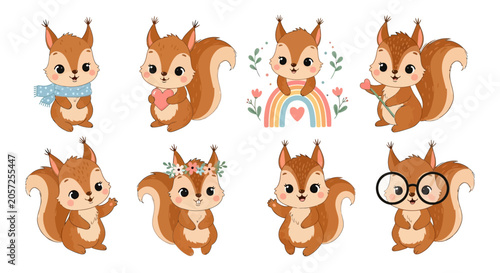 Cute cartoon squirrel set with flowers and accessories