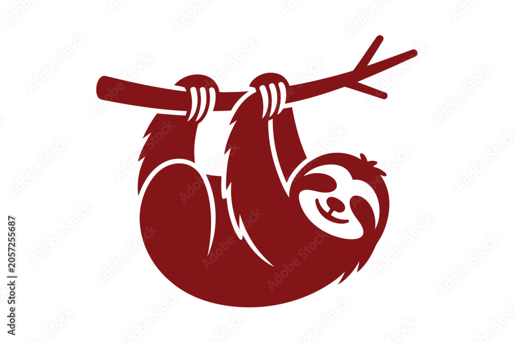 Fototapeta premium Minimalist red vector icon of a cute sloth hanging from a thin tree branch isolated on a white background suitable for environmental conservation themes and wildlife graphic design or simple print art