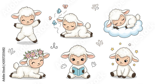 Cute Lamb Character Set, Various Poses and Activities, Kawaii Style