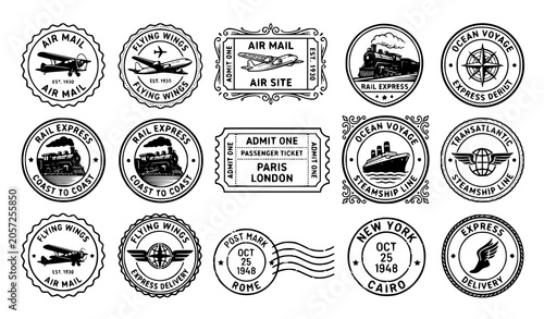 Bild auf Leinwand Retro travel stamp vector illustration set with planes boats trains and tickets