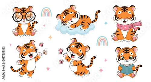 Cute Cartoon Tiger Set in Various Poses for Kids Design