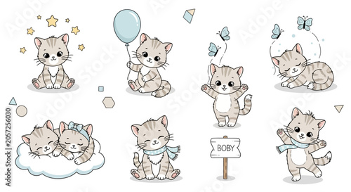 Cute cartoon kitten characters set with accessories for baby designs