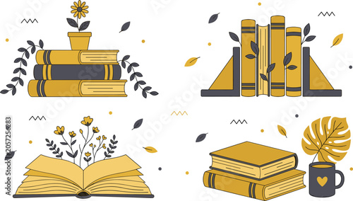 Photos Cozy aesthetic book lover vector illustration set featuring stacks of books book