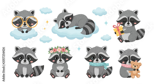Cute Cartoon Raccoons Set with Accessories and Clouds