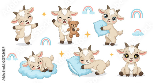 Cute baby goat set in various poses and activities, whimsical style