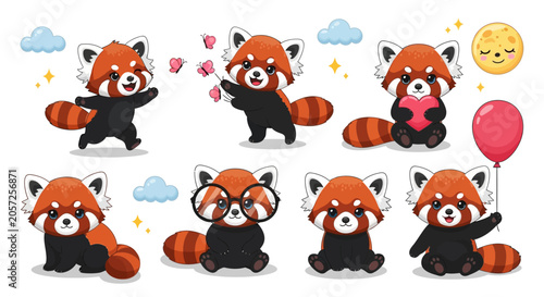 Cute Red Panda Set with Balloons and Hearts, Kawaii Character Design