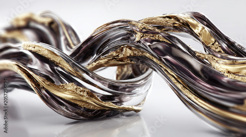 Abstract metallic sculpture with intertwined gold and silver strands.