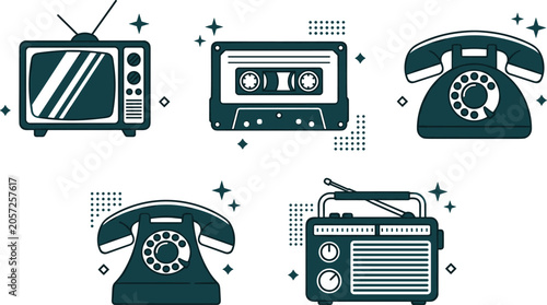 Photos Retro vintage technology icon set featuring old television cassette tape rotary telephone and portable radio receiver vector illustration
