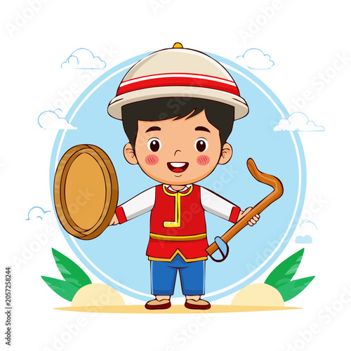 Cartoon boy drummer playing drum