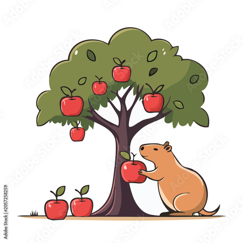 Cartoon green dinosaur holding red apples