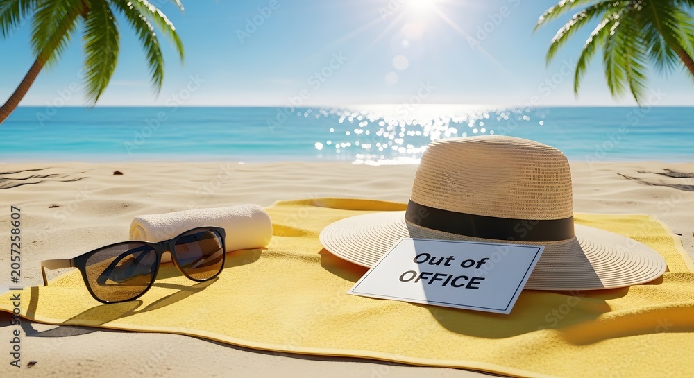 Fototapeta premium Beach vacation and summer holiday relaxation. Out of office and travel leave concept. Sun hat and sunglasses placed on a yellow towel on the sand near the ocean