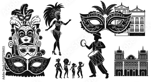 Konstfotografi Carnival Masks, Dancer, Musicians, Buildings Silhouette Vector Art