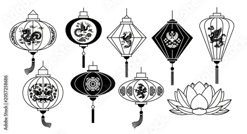 Obraz na plátně Chinese Lanterns and Lotus Flower Vector Illustrations