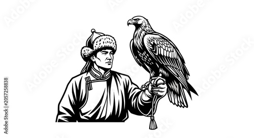 Tableau sur toile Man with Eagle: Mongolian Hunter and Bird of Prey