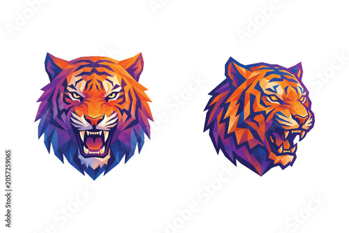 Two tiger head illustrations in geometric polygonal artistic style