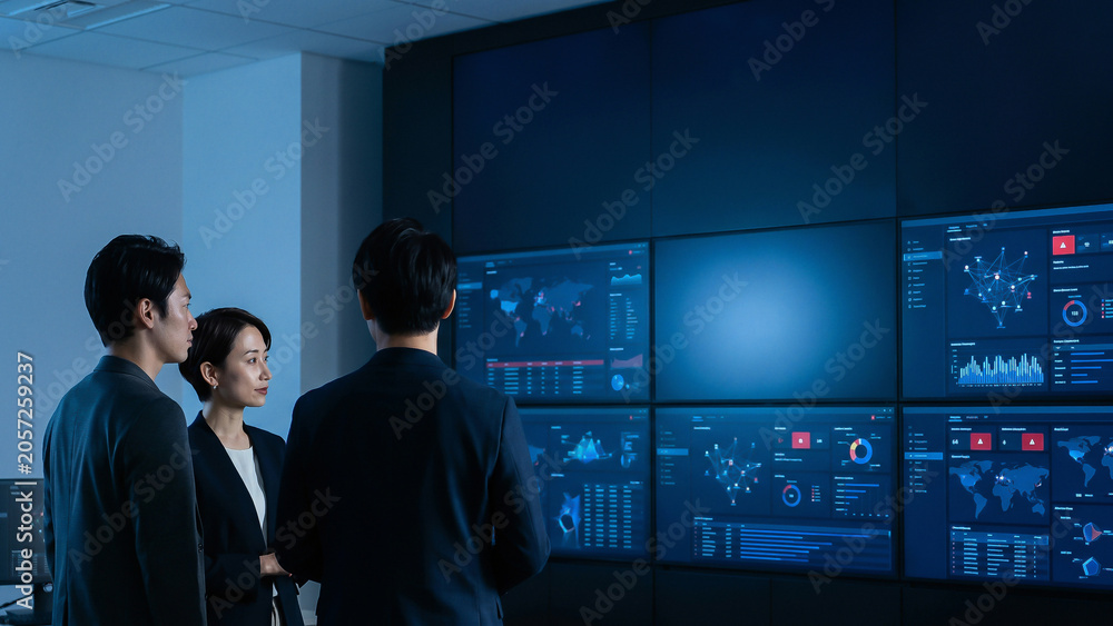 Fototapeta premium Cinematic Business Team Analyzing Vibrant Data Dashboard Wall Screens Driving Innovation and Vision Perfect for Corporate Strategy Presentation and Technology Advertising