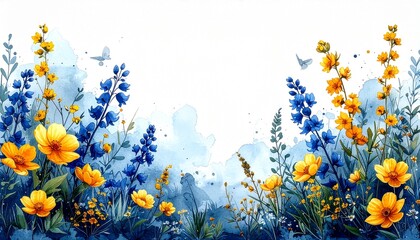 Watercolor botanical border with blue and yellow wildflowers and central copy space